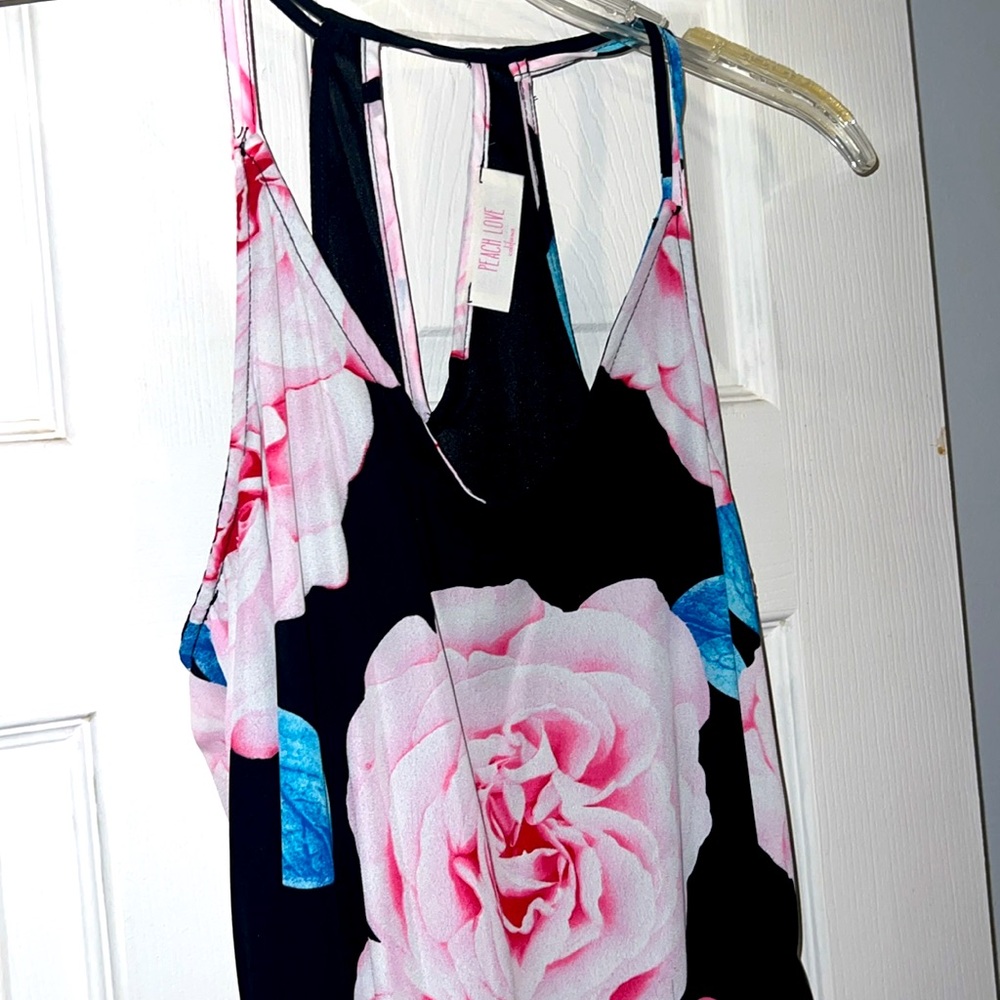 Peach Love Black Pink Floral V-neck Tie Waist Dress NWOT - Picture 5 of 11